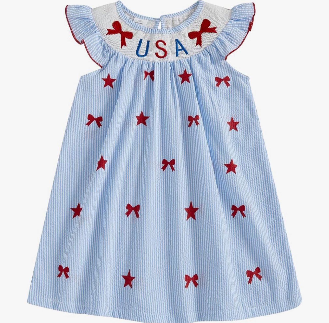 ( Moq 5 ) Preorder Baby Girls Short Sleeves Bows Stars USA 4th of July Knee Length Dress