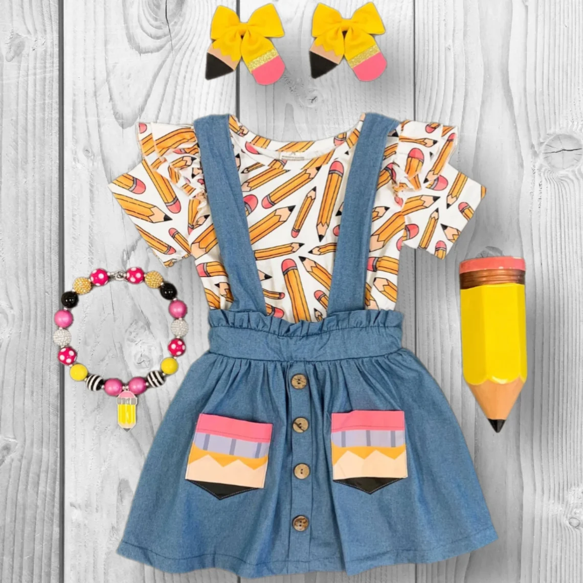 ( Moq 5 ) Preorder Baby Girls Short Sleeves Pencils Shirt  Pockets Suspendor Skirt Back to School Set