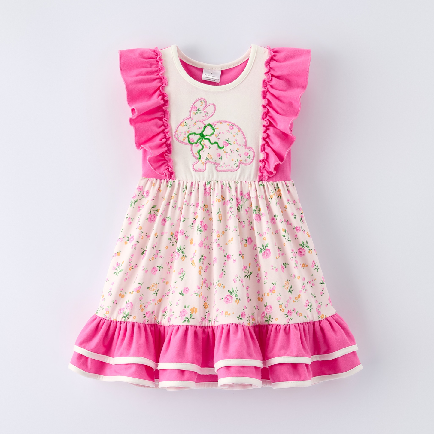 ( Moq 5 ) Preorder Baby Girls Short Sleeves Rabbit Bows Floral Easter Pink Ruffle Dress