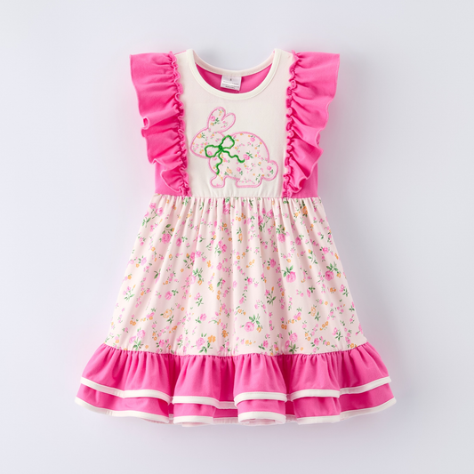 ( Moq 5 ) Preorder Baby Girls Short Sleeves Rabbit Bows Floral Easter Pink Ruffle Dress