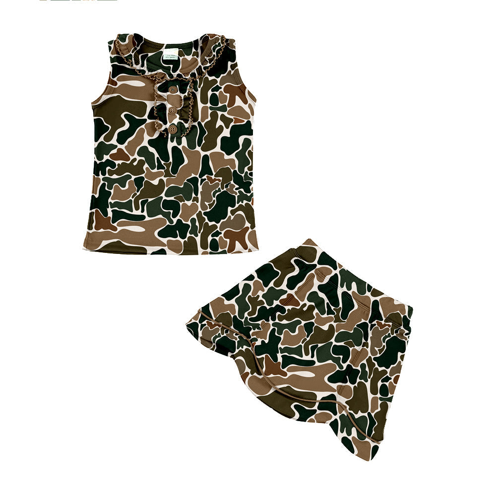 ( Moq 5 ) Preorder Baby Girls Brown Green Camo Buttons Tops Skirt Shorts Hunting Yoga Clothes Set
