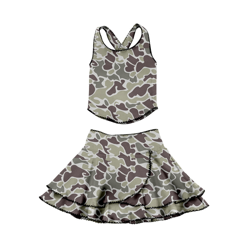 ( Moq 5 ) Preorder Baby Girls Sleeveless Dark Grey Camo Tops Ruffle Skirt Shorts Yoga Clothes Set