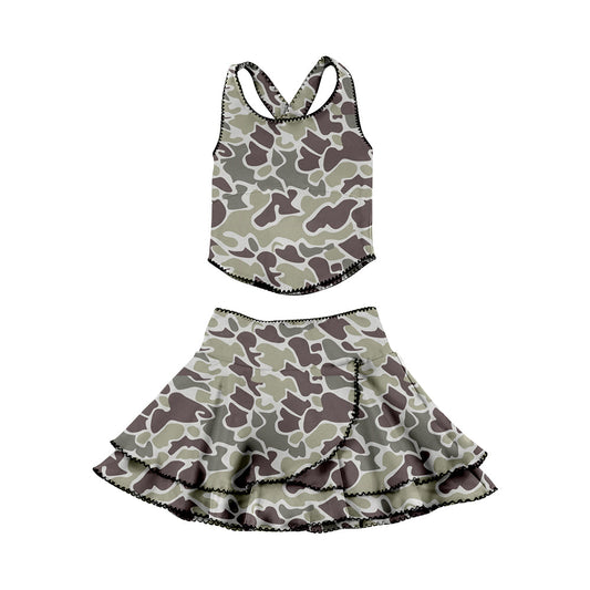 ( Moq 5 ) Preorder Baby Girls Sleeveless Dark Grey Camo Tops Ruffle Skirt Shorts Yoga Clothes Set