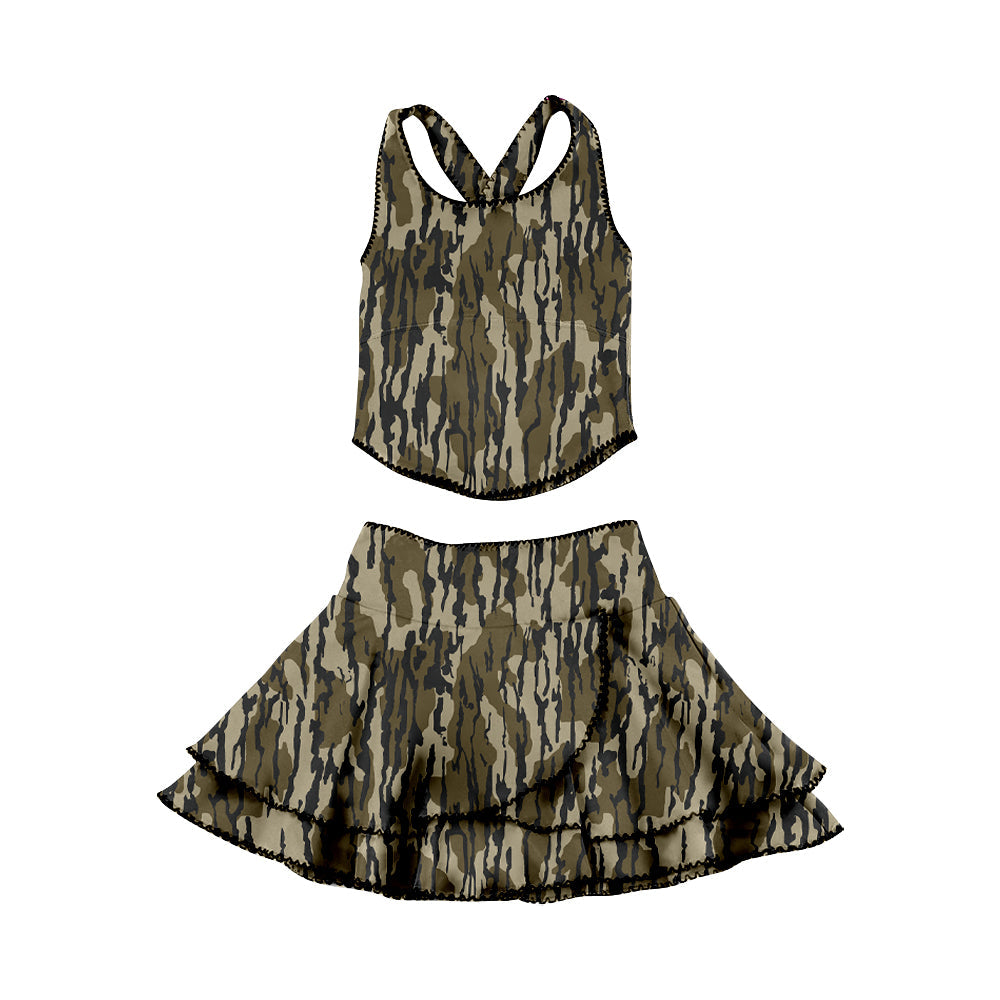 ( Moq 5 ) Preorder Baby Girls Sleeveless Camo Tops Ruffle Skirt Shorts Yoga Clothes Set