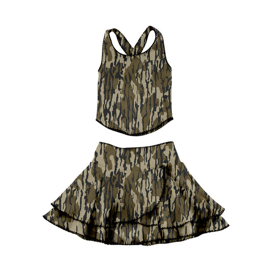 ( Moq 5 ) Preorder Baby Girls Sleeveless Camo Tops Ruffle Skirt Shorts Yoga Clothes Set