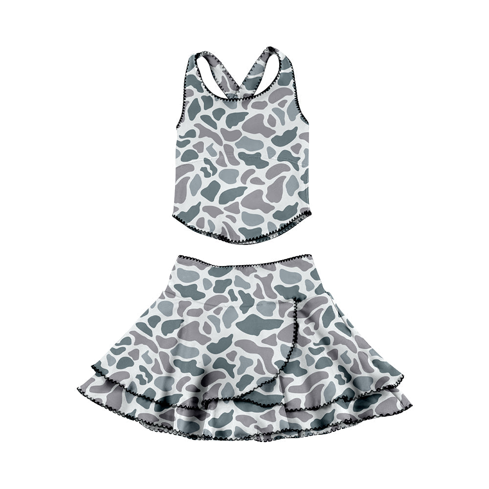 ( Moq 5 ) Preorder Baby Girls Sleeveless Grey Camo Tops Ruffle Skirt Shorts Yoga Clothes Set