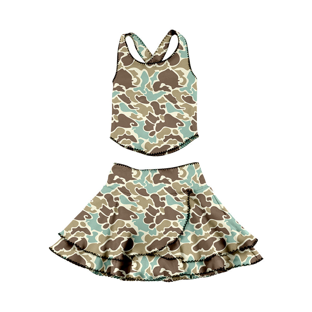 ( Moq 5 ) Preorder Baby Girls Sleeveless Green Camo Tops Ruffle Skirt Shorts Yoga Clothes Set