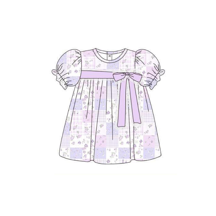 ( Moq 5 ) Preorder Baby Girls Short Sleeves Flower Plaid Bows Lavender Knee Length Dress