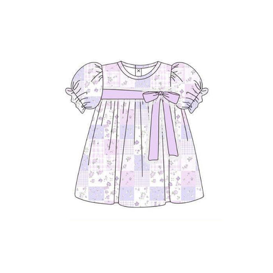 ( Moq 5 ) Preorder Baby Girls Short Sleeves Flower Plaid Bows Lavender Knee Length Dress