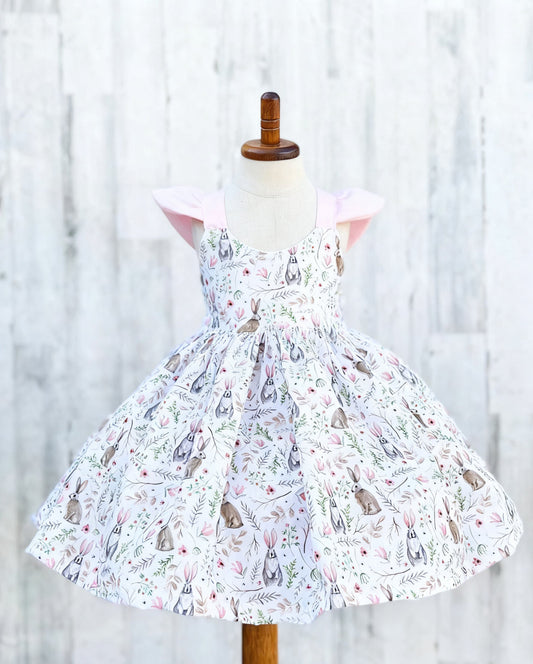 ( Moq 5 ) Preorder Baby Girls Short Sleeves Flower Rabbits Easter Knee Length Dress