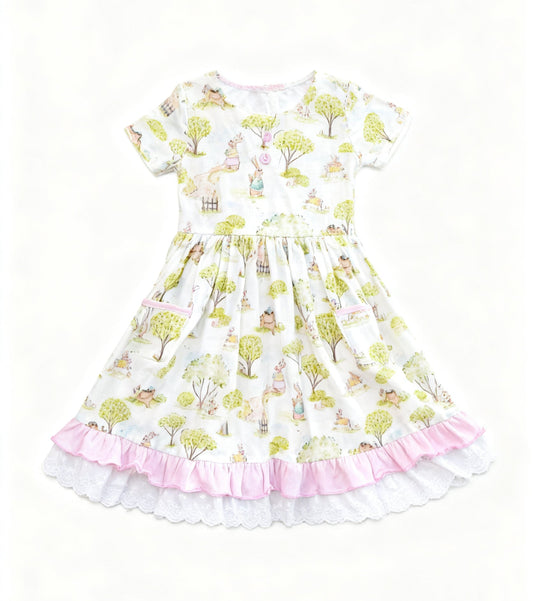 ( Moq 5 ) Preorder Baby Girls Easter Short Sleeves Rabbits Pockets Ruffle Knee Length Dress