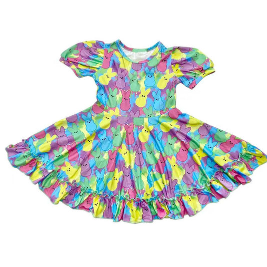 ( Moq 5 ) Preorder Baby Girls Short Sleeves Colorful Rabbits Easter Ruffle Knee Length Dress