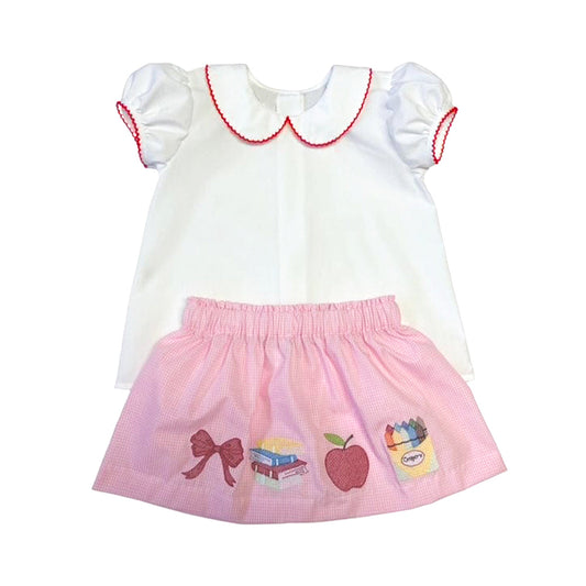 ( Moq 5 ) Preorder Baby Girls Short Sleeves Tunic Bows Pencil Skirt Shorts Back to School Clothes Set