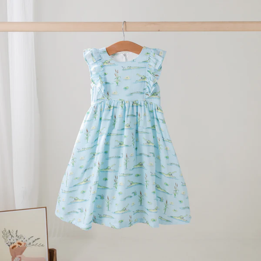 ( Moq 5 ) Preorder Baby Girls Short Sleeves Crocodiles Print Blue Knee Length Dress
