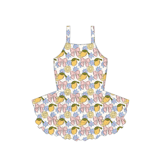 ( Moq 5 ) Preorder Baby Girls Straps Bows Lemons Flowers Ruffle Knee Length Dress