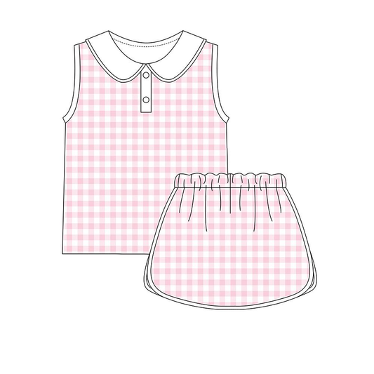 ( Moq 5 ) Preorder Baby Girls Sleeveless Pink Plaid Buttons Tops Skirt Shorts Yoga Clothes Set
