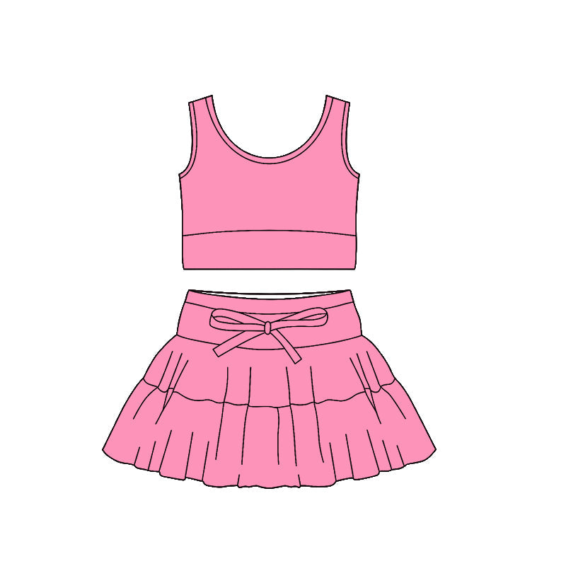 ( Moq 5 ) Preorder Baby Girls Pink Sleeveless Tops Ruffle Skirt Shorts Yoga Clothes Set