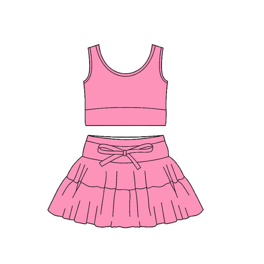 ( Moq 5 ) Preorder Baby Girls Pink Sleeveless Tops Ruffle Skirt Shorts Yoga Clothes Set