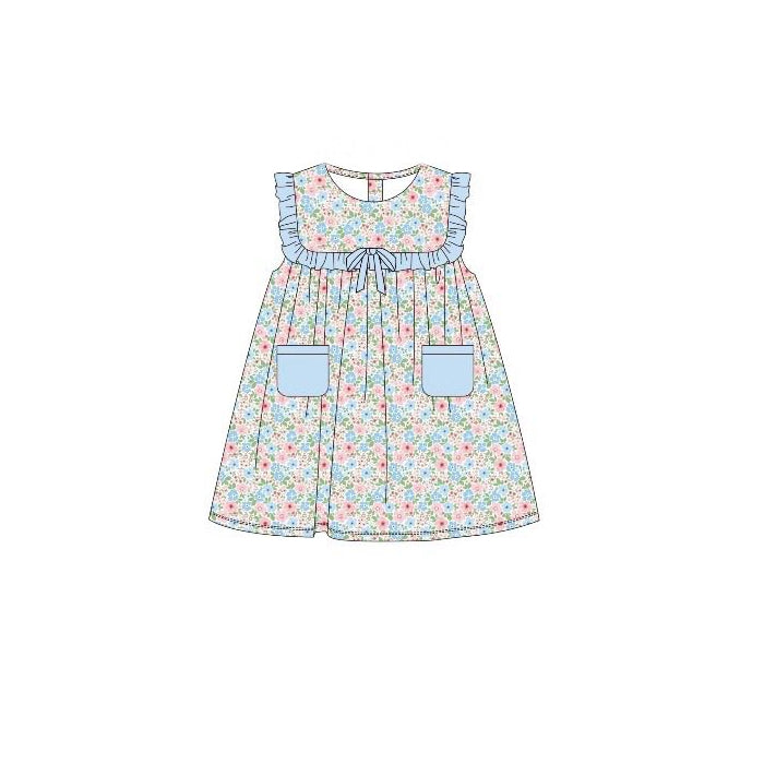 ( Moq 5 ) Preorder Baby Girls Sleeveless Floral Blue Pockets Knee Length Dress