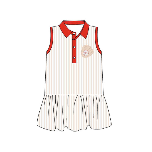( Moq 5 ) Preorder Baby Girls Short Sleeves Baseball Stripes Buttons Knee Length Dress