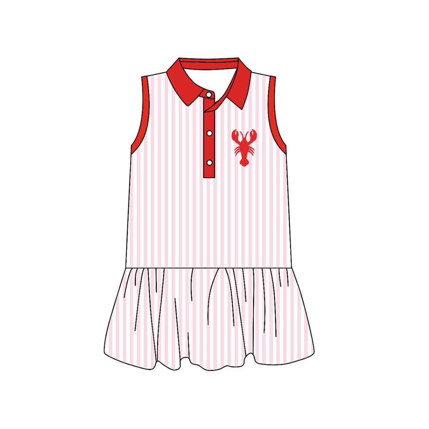 ( Moq 5 ) Preorder Baby Girls Short Sleeves Crawfish Stripes Buttons Knee Length Dress