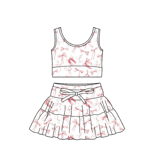 ( Moq 5 ) Preorder Baby Girls Sleeveless Bows Tops Ruffle Skirt Shorts Yoga Clothes Set