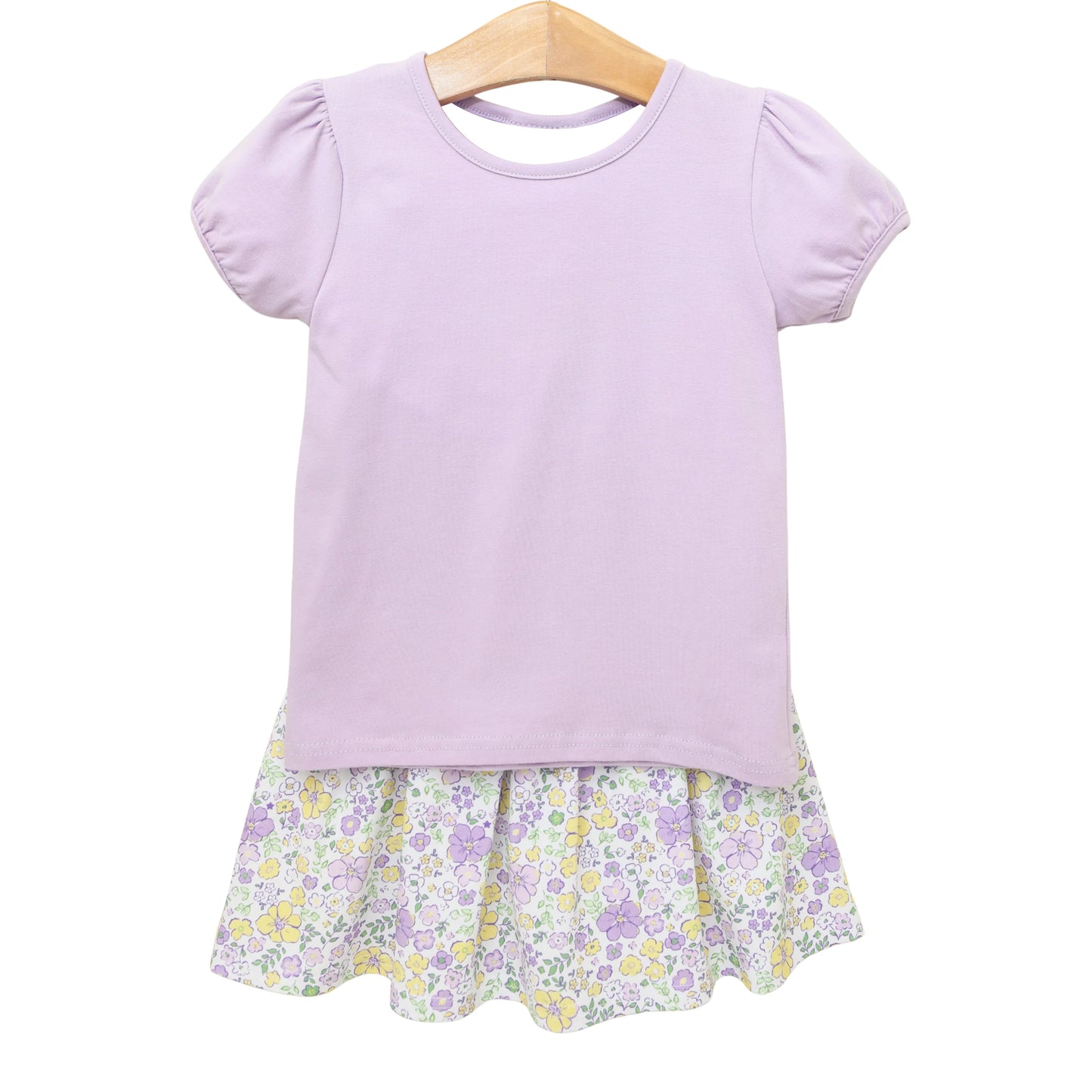 ( Moq 5 ) Preorder Baby Girls Short Sleeves Lavender Shirt Flower Skirt Shorts Yoga Clothes Set