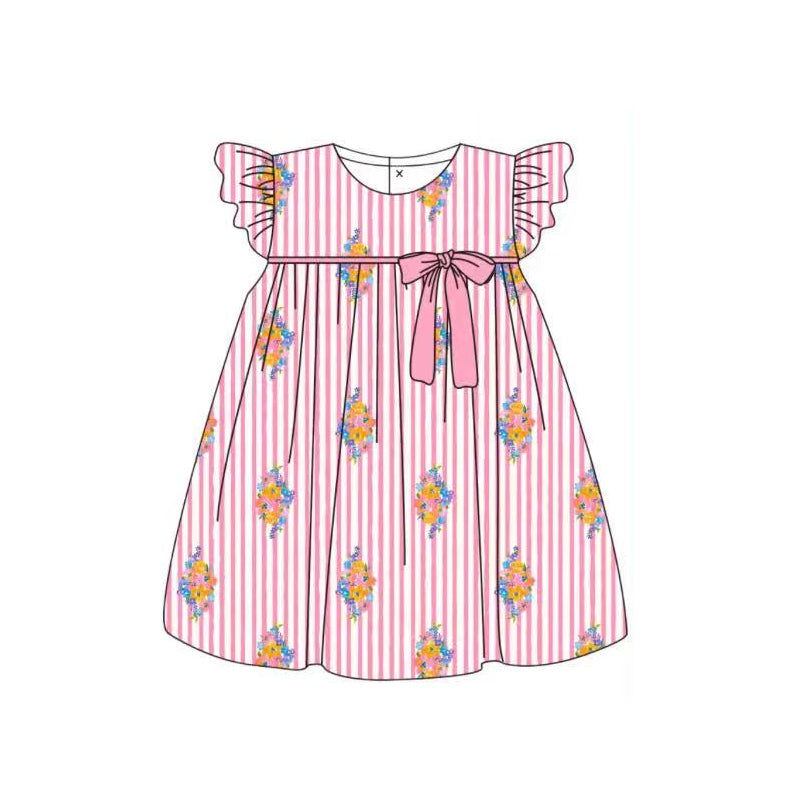 ( Moq 5 ) Preorder Baby Girls Short Sleeves Floral Bow Pink Stripes Knee Length Dress