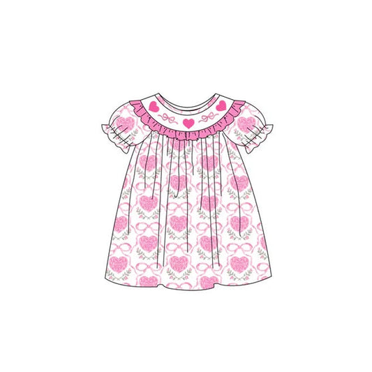 ( Moq 5 ) Preorder Baby Girls Short Sleeves Hearts Bows Floral Pinn Ruffle Valentines Rress