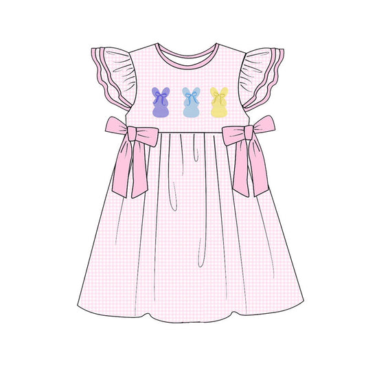 ( Moq 5 ) Preorder Baby Girls Kids Rabbits Bows Easter Pink Plaid Knee Length Dress