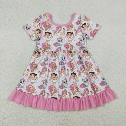 Sibling Baby Girls Kids Short Sleeves Cats Hearts Singer Dress Sets RTS
