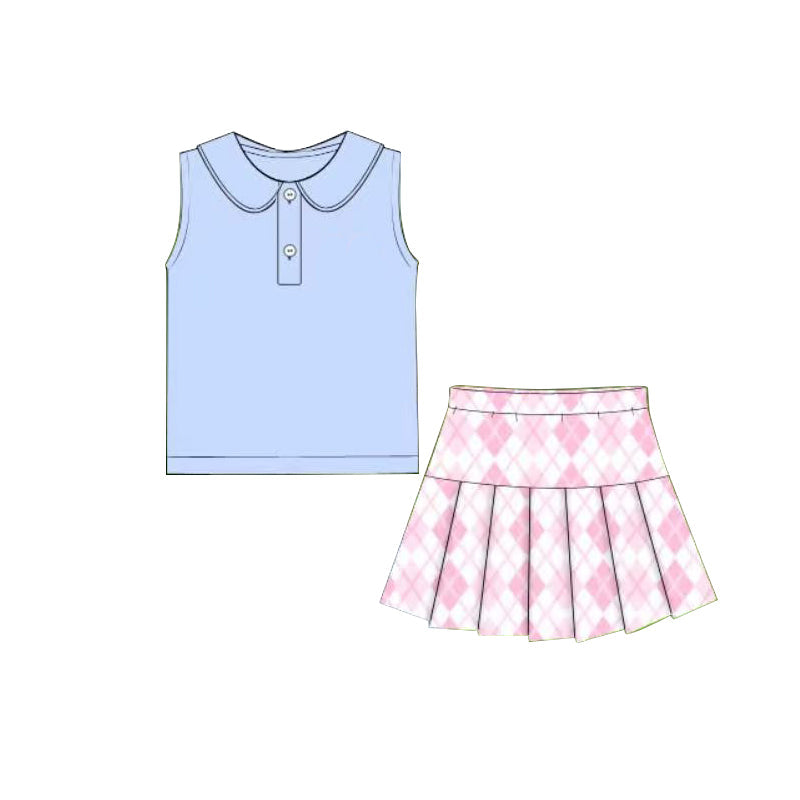 ( Moq 5 ) Preorder Baby Girls Blue Buttons Tops Pink Plaid Skirt Shorts Yoga Clothes Set