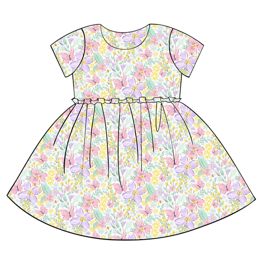 ( Moq 5 ) Preorder Baby Girls Kids Short Sleeves Flower Ruffle Knee Length Dress