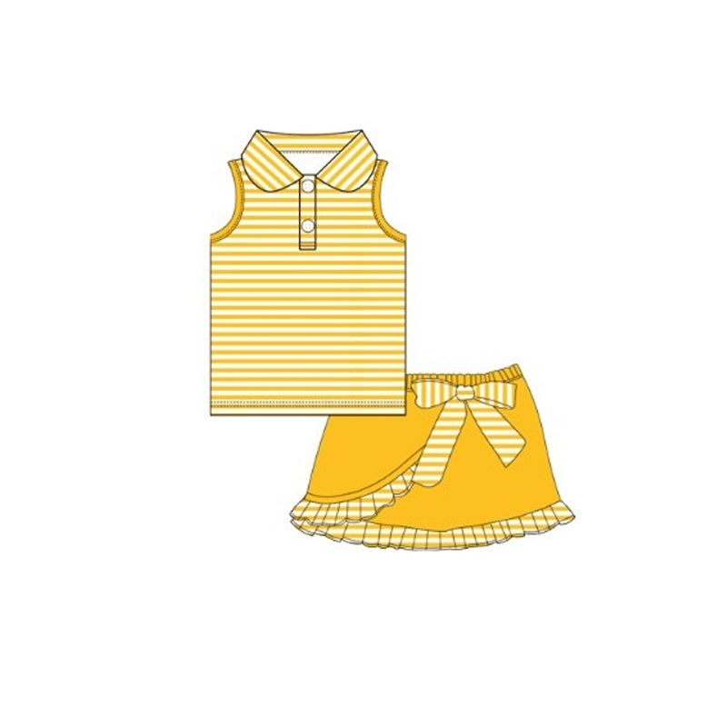 ( Moq 5 ) Preorder Baby Girls Yellow Stripes Buttons Tops Ruffle Bow Skirt Shorts Clothes Set