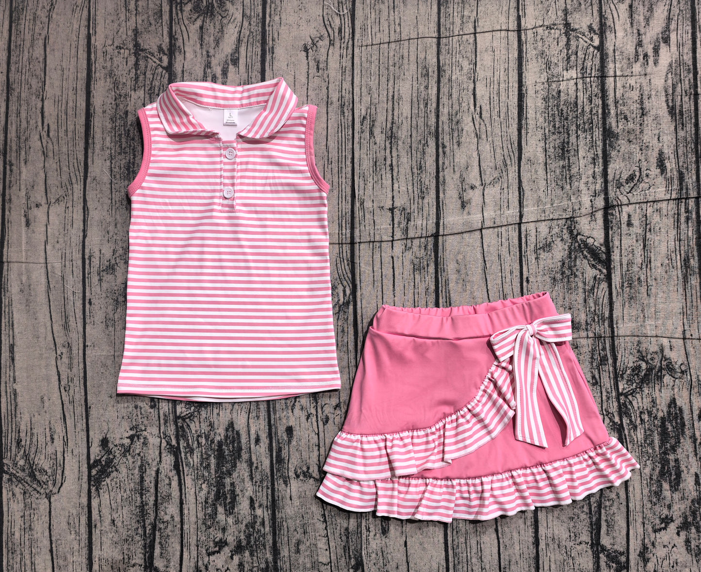 Baby Girls Pink Stripes Buttons Tops Ruffle Bow Skirt Shorts Yoga Active Set