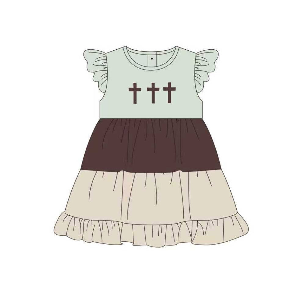 ( Moq 5 ) Preorder Baby Girls Kids Short Sleeves Crosses Easter Knee Length Dress