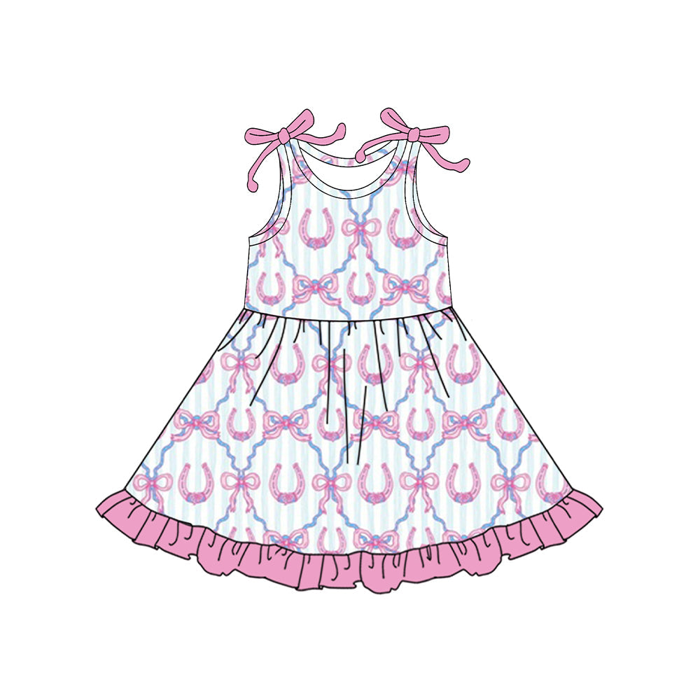 ( Moq 5 ) Preorder Baby Girls Kids Sleeveless Bows Western Ruffle Knee Length Dress