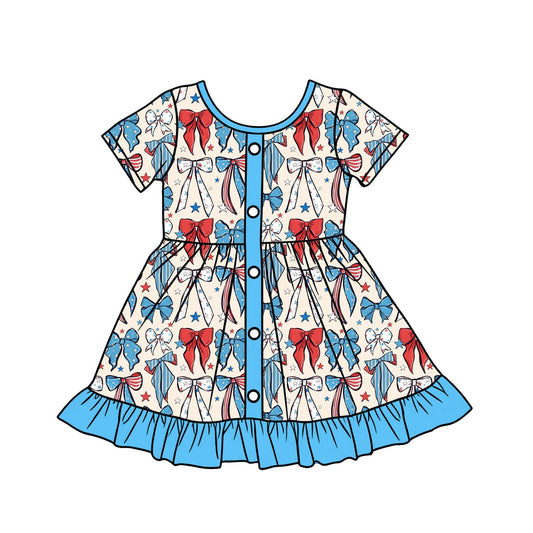 ( Moq 5 ) Preorder Baby Girls Blue Red Bows Stars 4th of July Buttons Ruffle Knee Length Dress