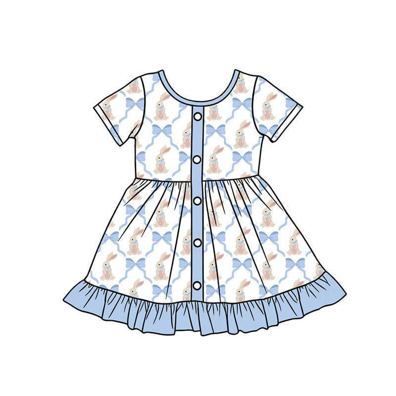 ( Moq 5 ) Preorder Baby Girls Short Sleeves Blue Bows Rabbits Buttons Ruffle Easter Knee Length Dress