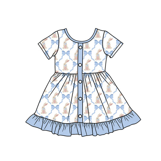 ( Moq 5 ) Preorder Baby Girls Short Sleeves Blue Bows Rabbits Buttons Ruffle Easter Knee Length Dress