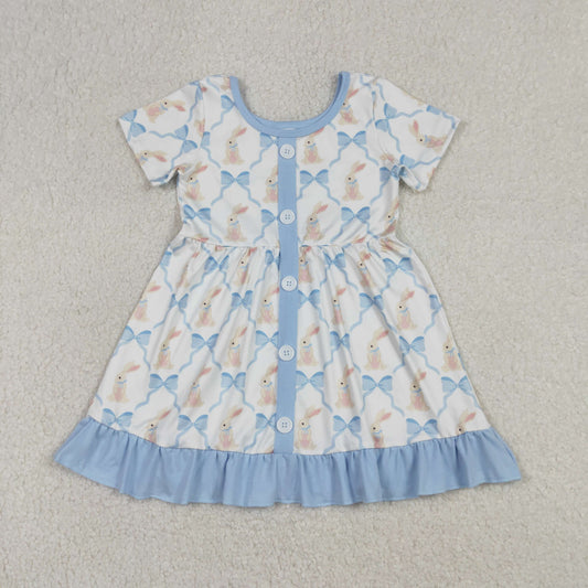 Baby Girls Kids Short Sleeves Blue Bows Rabbits Easter Romper Knee Length Dress RTS