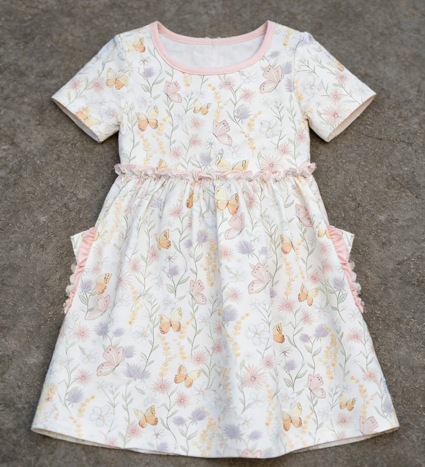 ( Moq 5 ) Preorder Baby Girls Short Sleeves Butterfly Flower Pockets Knee Length Dress