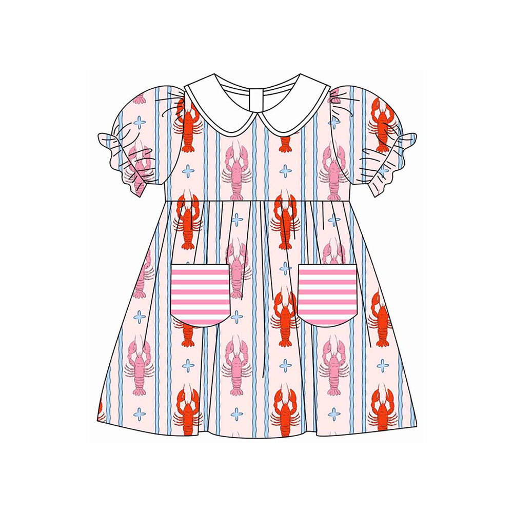 ( Moq 5 ) Preorder Baby Girls Short Sleeves Crawfish Stripes Pockets Knee Length Dress