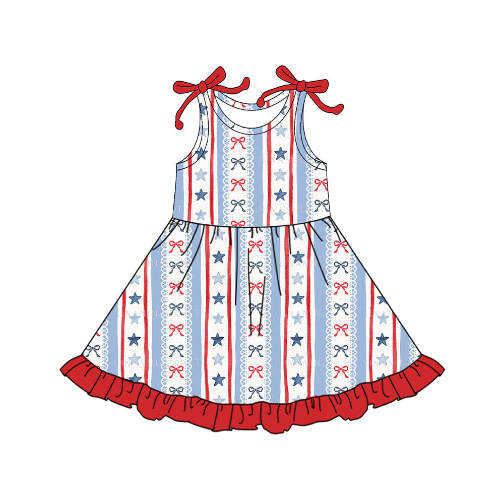 ( Moq 5 ) Preorder Baby Girls Sleeveless Bows Stars 4th of July Ruffle Knee Length Dress