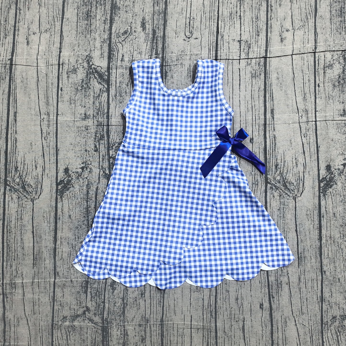 Baby Girls Blue Checked Bow Ruffle Yoga Active Shorts Knee Length Scallop Dress RTS