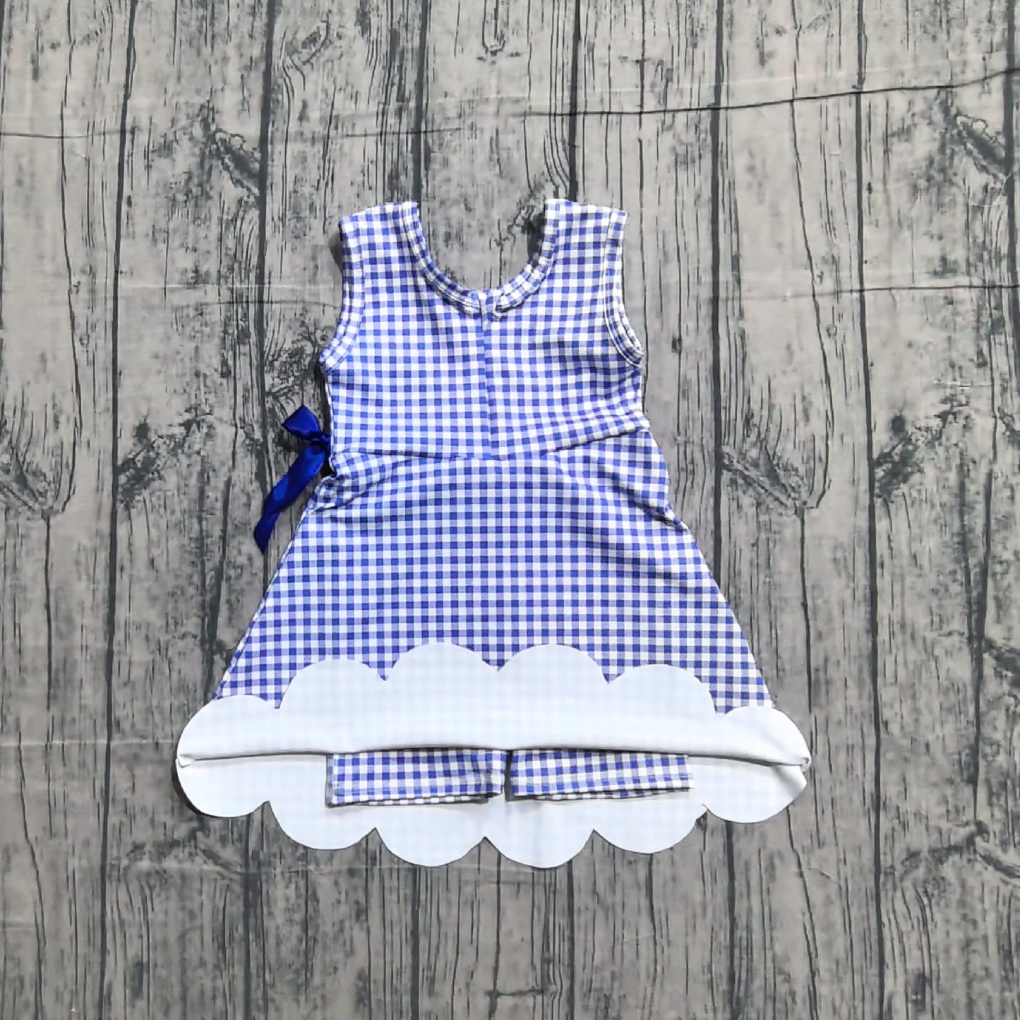 Baby Girls Blue Checked Bow Ruffle Yoga Active Shorts Knee Length Scallop Dress RTS