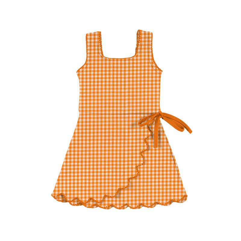 ( Moq 5 ) Preorder Baby Girls Orange Plaid Bow Ruffle Yoga Active Shorts Knee Length Dress