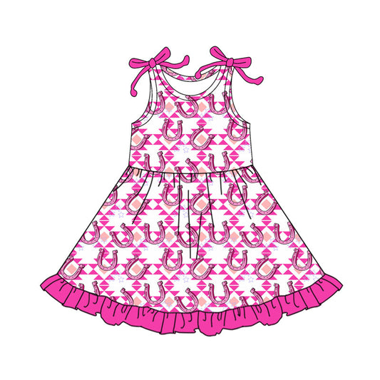 ( Moq 5 ) Preorder Baby Girls Bows Sleeveless Aztec Western Ruffle Knee Length Dress