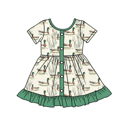( Moq 5 ) Preorder Baby Girls Short Sleeves Ducks Buttons Green Ruffle Knee Length Dress