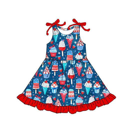 ( Moq 5 ) Preorder Baby Girls Sleeveless Popsicles 4th of July Ruffle Knee Length Dress